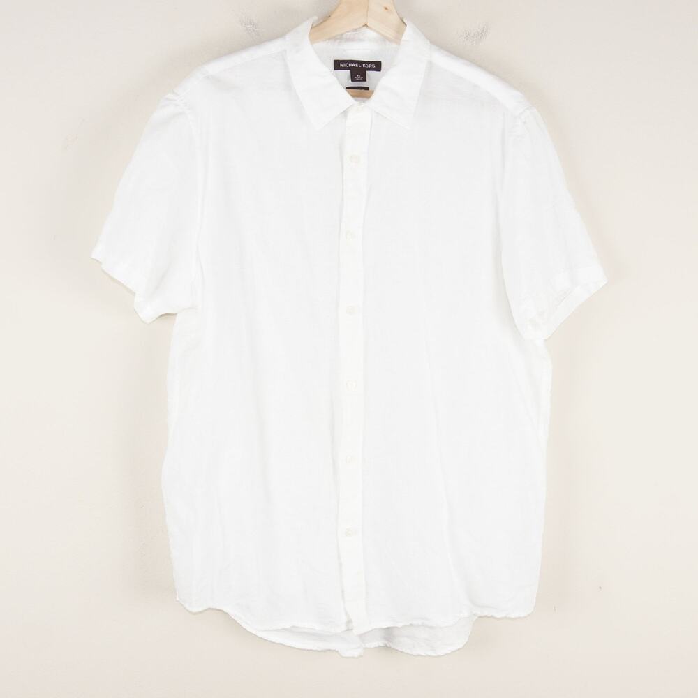 Michael Kors Classic Soft Fit White Cotton Linen Short Sleeve Shirt XL
